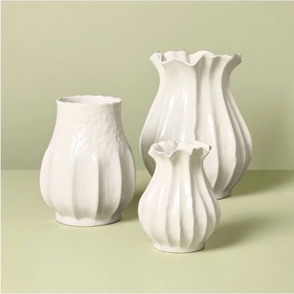 9” Pleated Ceramic Rustic Vase Sour Cream - Hearth & Hand™ with Magnolia